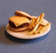 Dollhouse Miniature Cheeseburger Plate with Fries